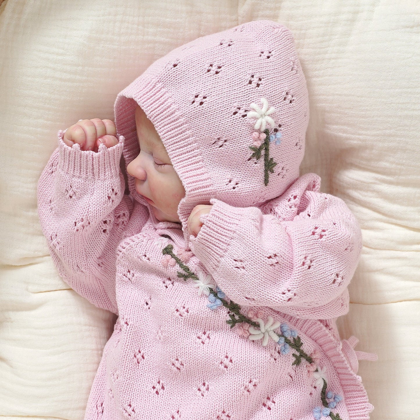 Hand Embroidery Flower Cotton Romper 2-Piece Pink