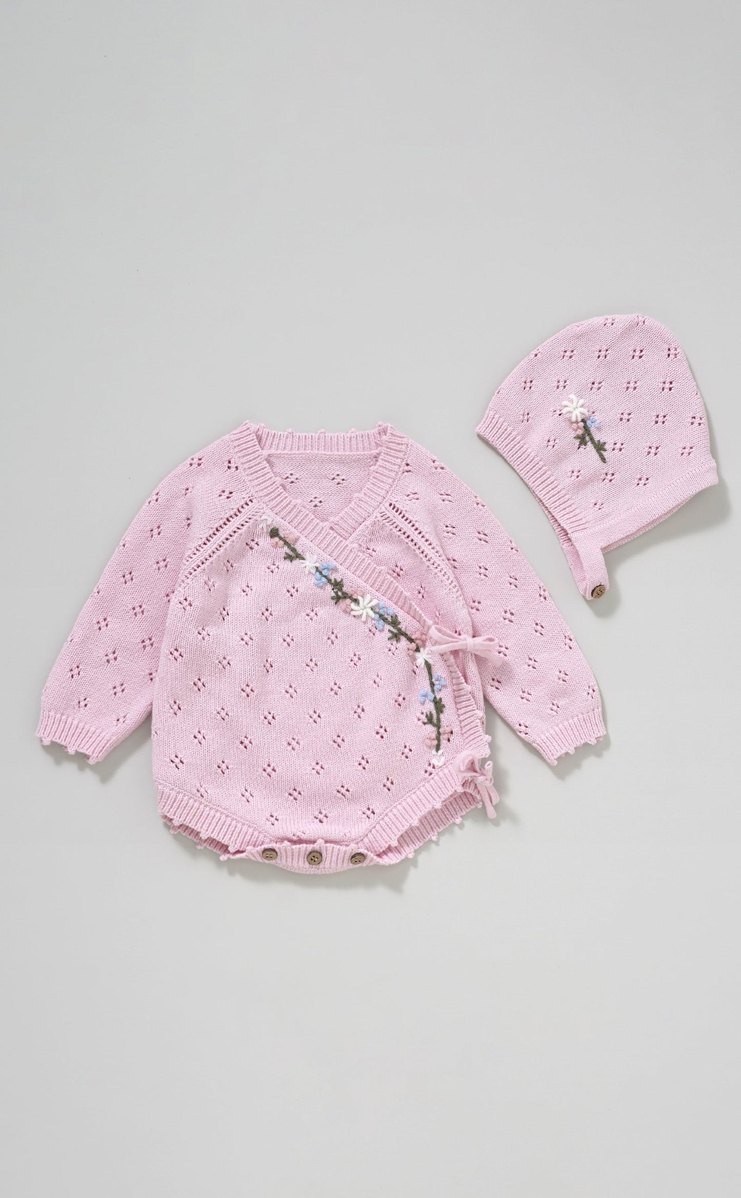 Hand Embroidery Flower Cotton Romper 2-Piece Creamy White