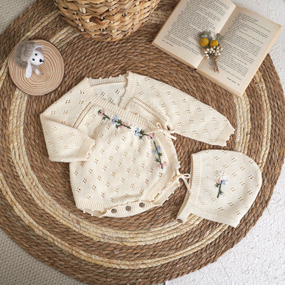 Hand Embroidery Flower Cotton  Romper  2-Piece Creamy White