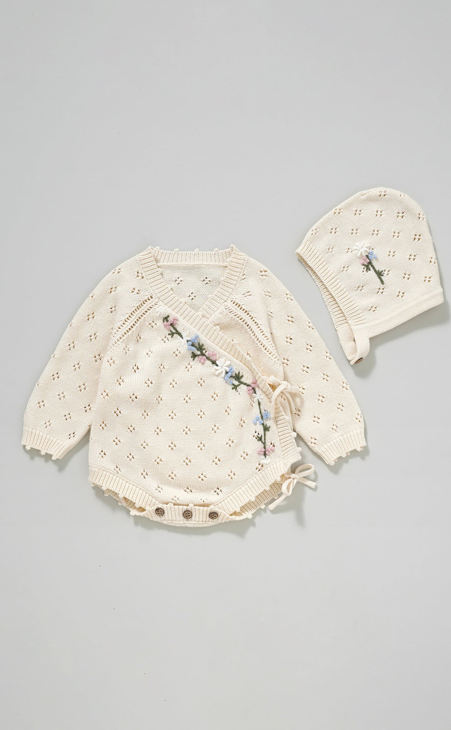 Hand Embroidery Flower Cotton  Romper  2-Piece Creamy White