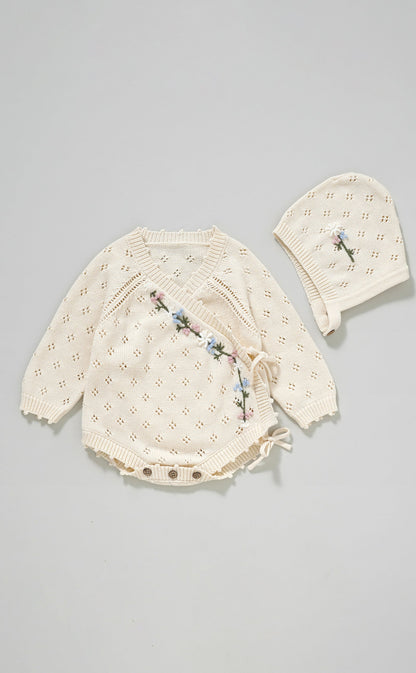 Hand Embroidery Flower Cotton  Romper  2-Piece Creamy White
