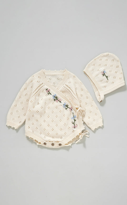 Hand Embroidery Flower Cotton  Romper  2-Piece Creamy White
