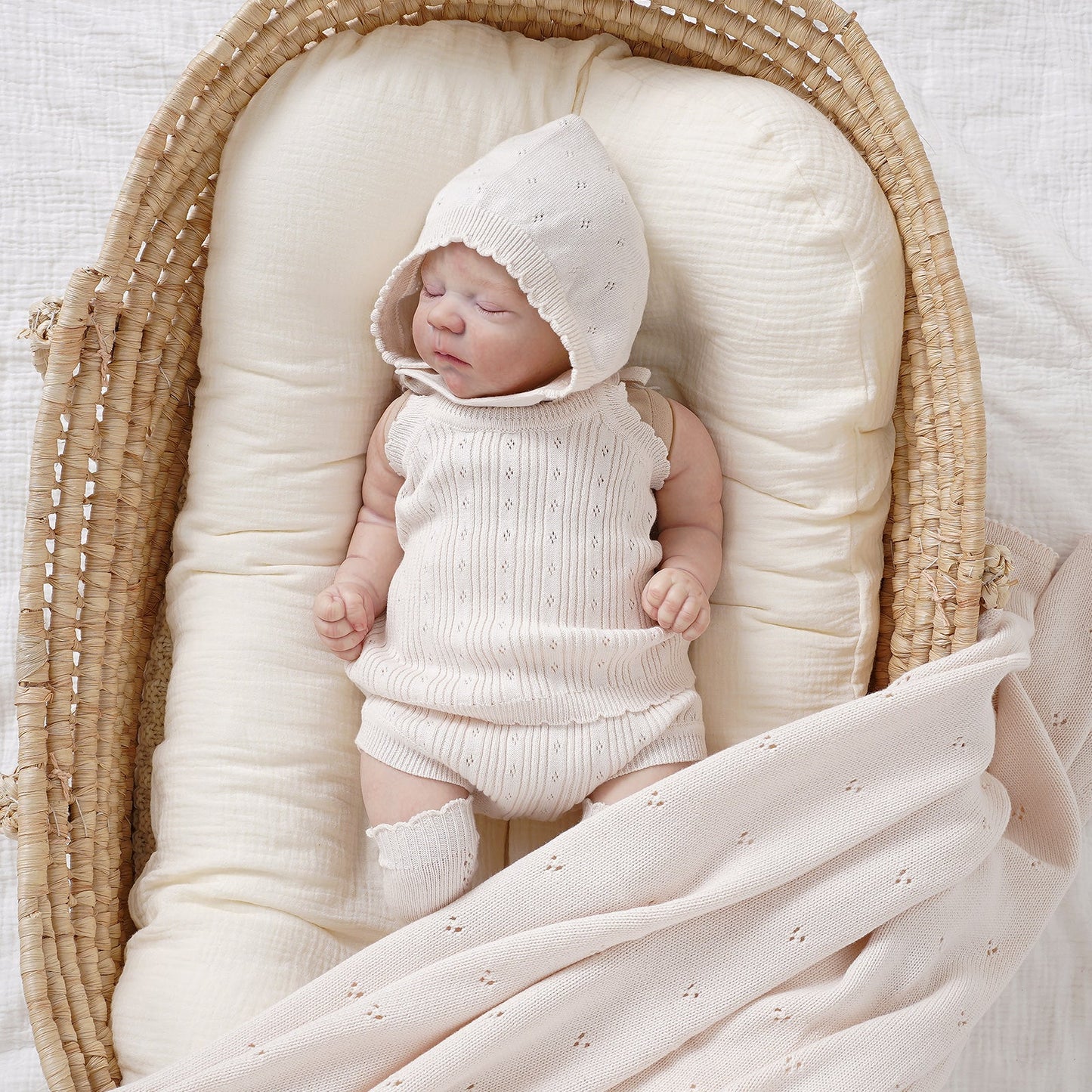 Avibae Luxary Cotton Patterned Openwork Romper  3-Piece Buddle Creamy White