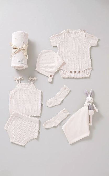 Avibae Luxary Cotton Patterned Openwork Romper  7-Piece Buddle Creamy White