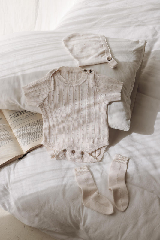Avibae Luxary Cotton Patterned Openwork Romper  3-Piece Buddle Creamy White