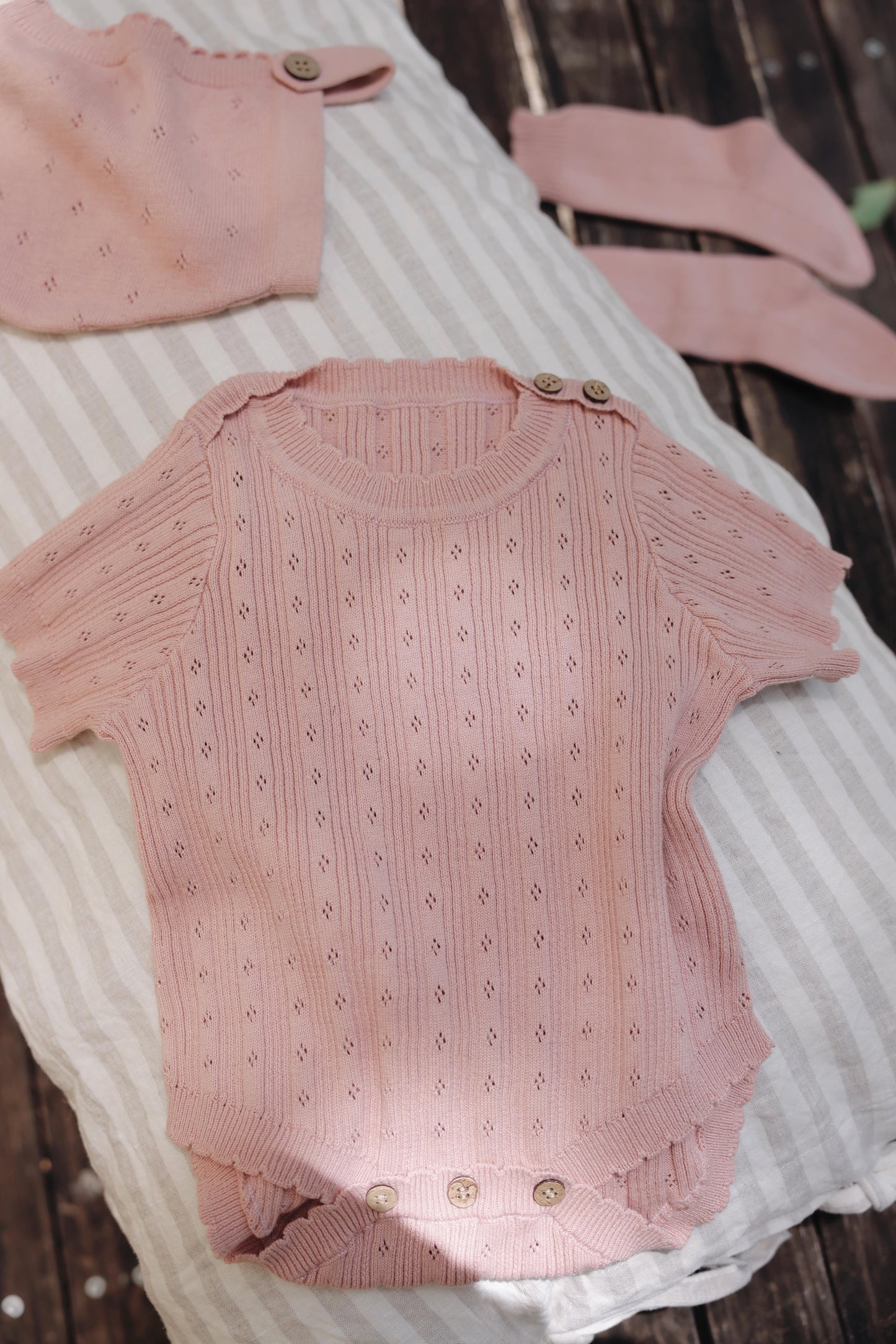 Avibae Luxary Cotton Patterned Openwork Romper  3-Piece Buddle Pearl Rose