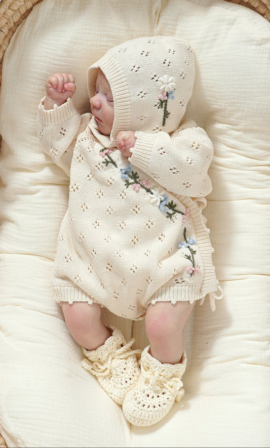 Hand Embroidery Flower Cotton  Romper  2-Piece Creamy White
