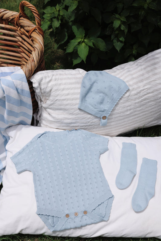 Avibae Luxary Cotton Patterned Openwork Romper  3-Piece Buddle Nestle Sky