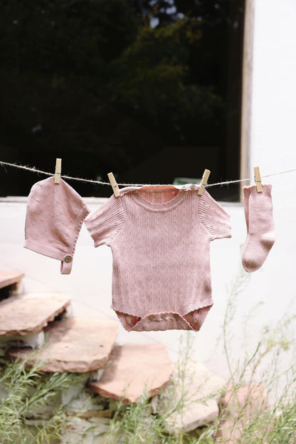 Avibae Luxary Cotton Patterned Openwork Romper  3-Piece Buddle Pearl Rose
