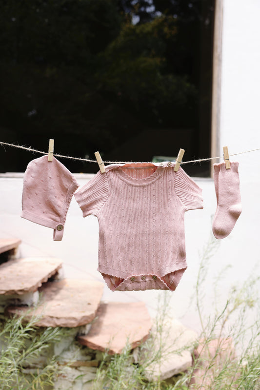 Avibae Luxary Cotton Patterned Openwork Romper  3-Piece Buddle Pearl Rose