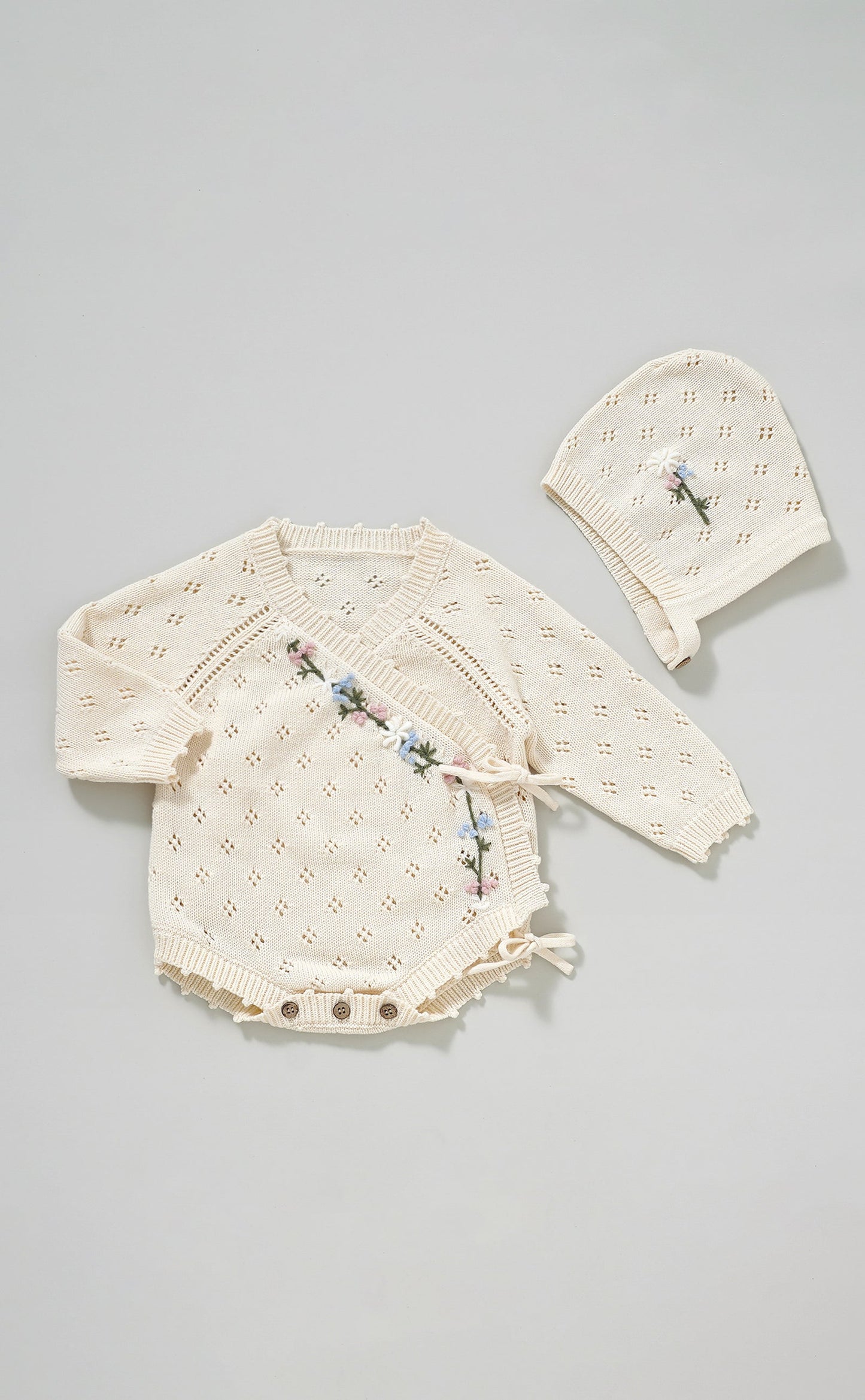 Hand Embroidery Flower Cotton  Romper  2-Piece Pink