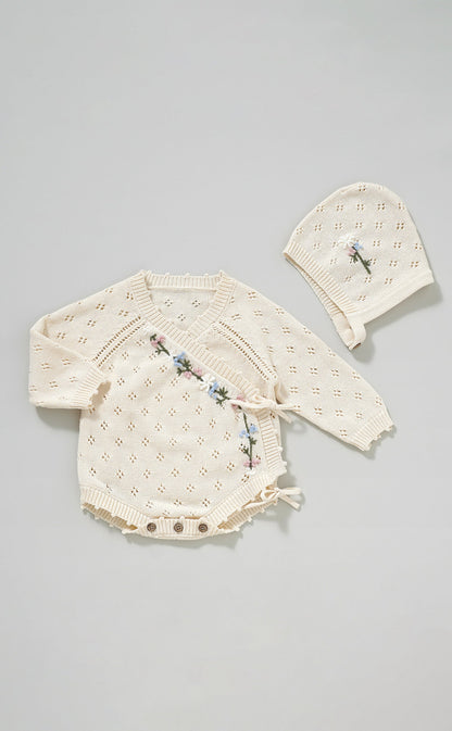 Hand Embroidery Flower Cotton  Romper  2-Piece Pink