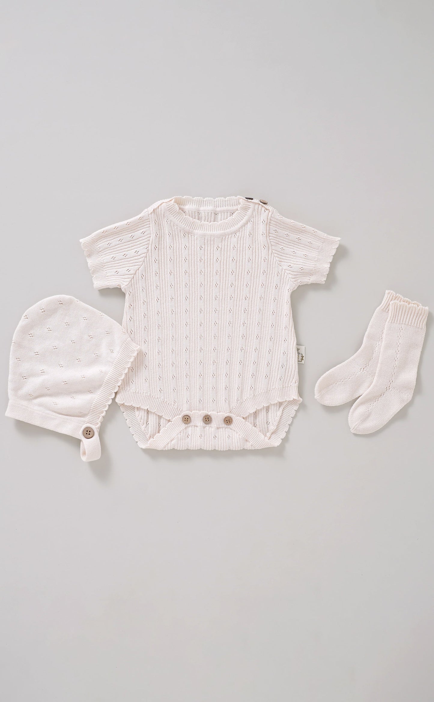 Avibae Luxary Cotton Patterned Openwork Romper  3-Piece Buddle Pearl Rose