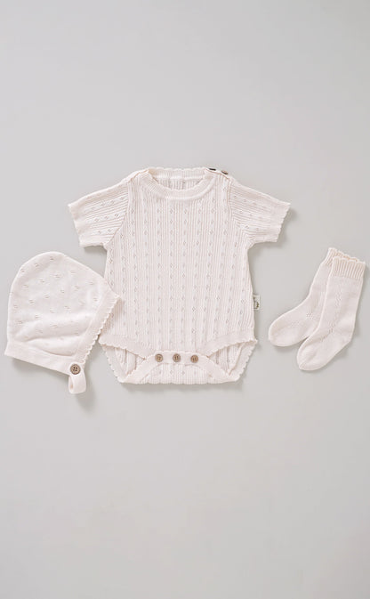 Avibae Luxary Cotton Patterned Openwork Romper  3-Piece Buddle Pearl Rose