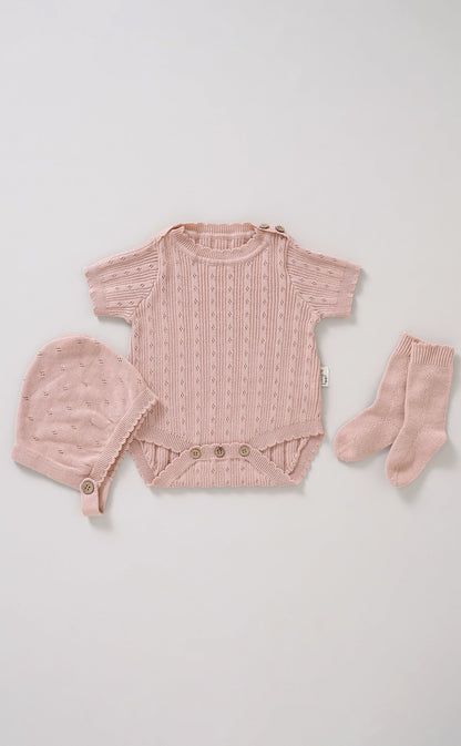 Avibae Luxary Cotton Patterned Openwork Romper  3-Piece Buddle Nestle Sky