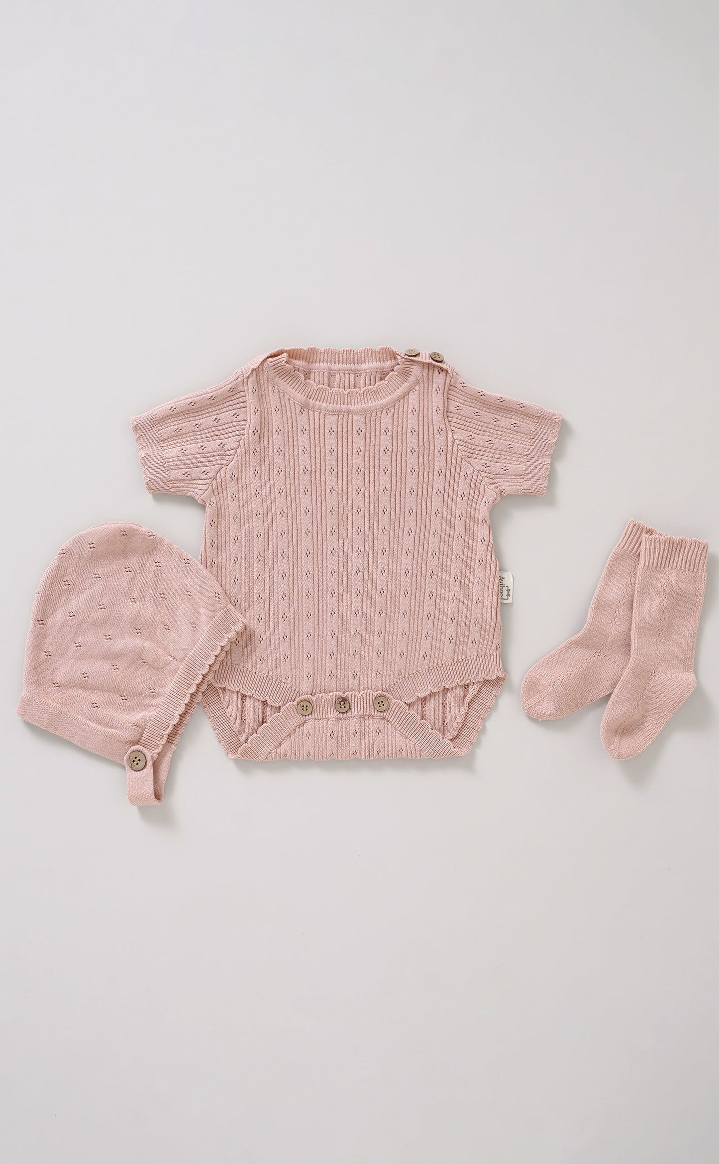 Avibae Luxary Cotton Patterned Openwork Romper  3-Piece Buddle Pearl Rose