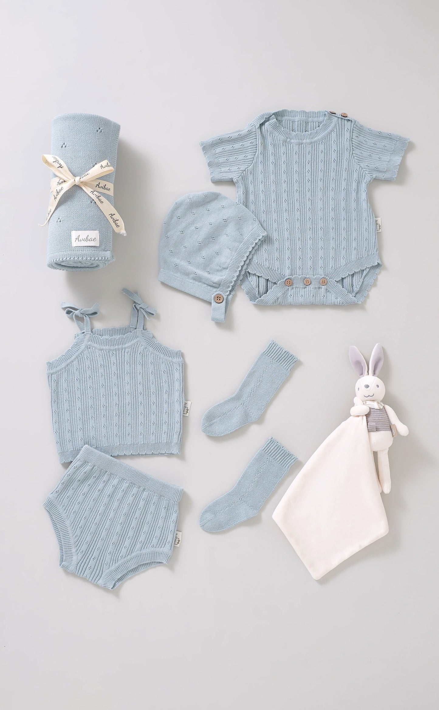 Avibae Luxary Cotton Patterned Openwork Romper  7-Piece Buddle Nestle Sky