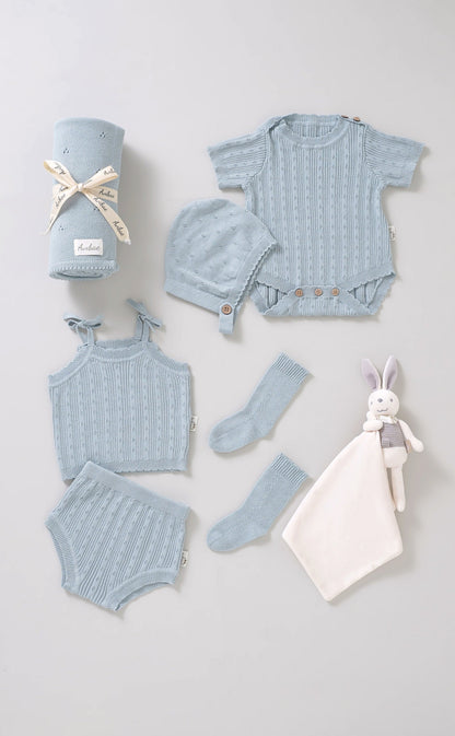 Avibae Luxary Cotton Patterned Openwork Romper  7-Piece Buddle Nestle Sky