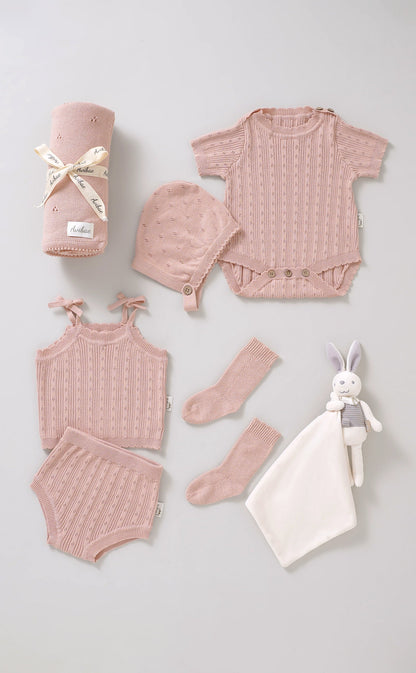 Avibae Luxary Cotton Patterned Openwork Romper  7-Piece Buddle Pearl Rose