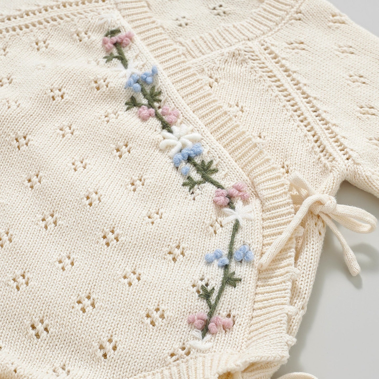 Hand Embroidery Flower Cotton  Romper  2-Piece Creamy White