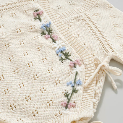 Hand Embroidery Flower Cotton  Romper  2-Piece Creamy White