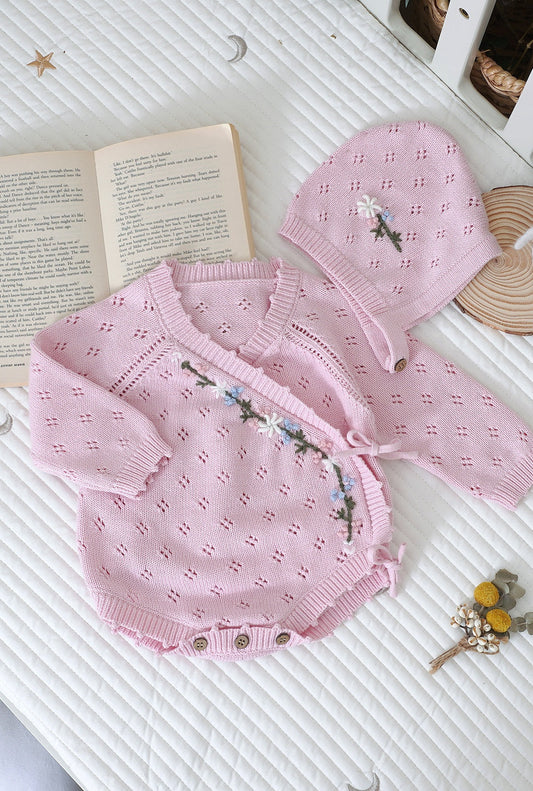 Hand Embroidery Flower Cotton  Romper  2-Piece Pink