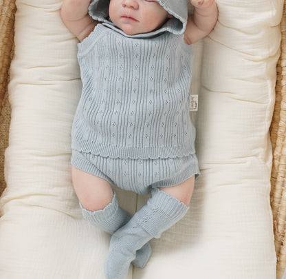 Avibae Luxary Cotton Patterned Openwork Romper  3-Piece Buddle Nestle Sky